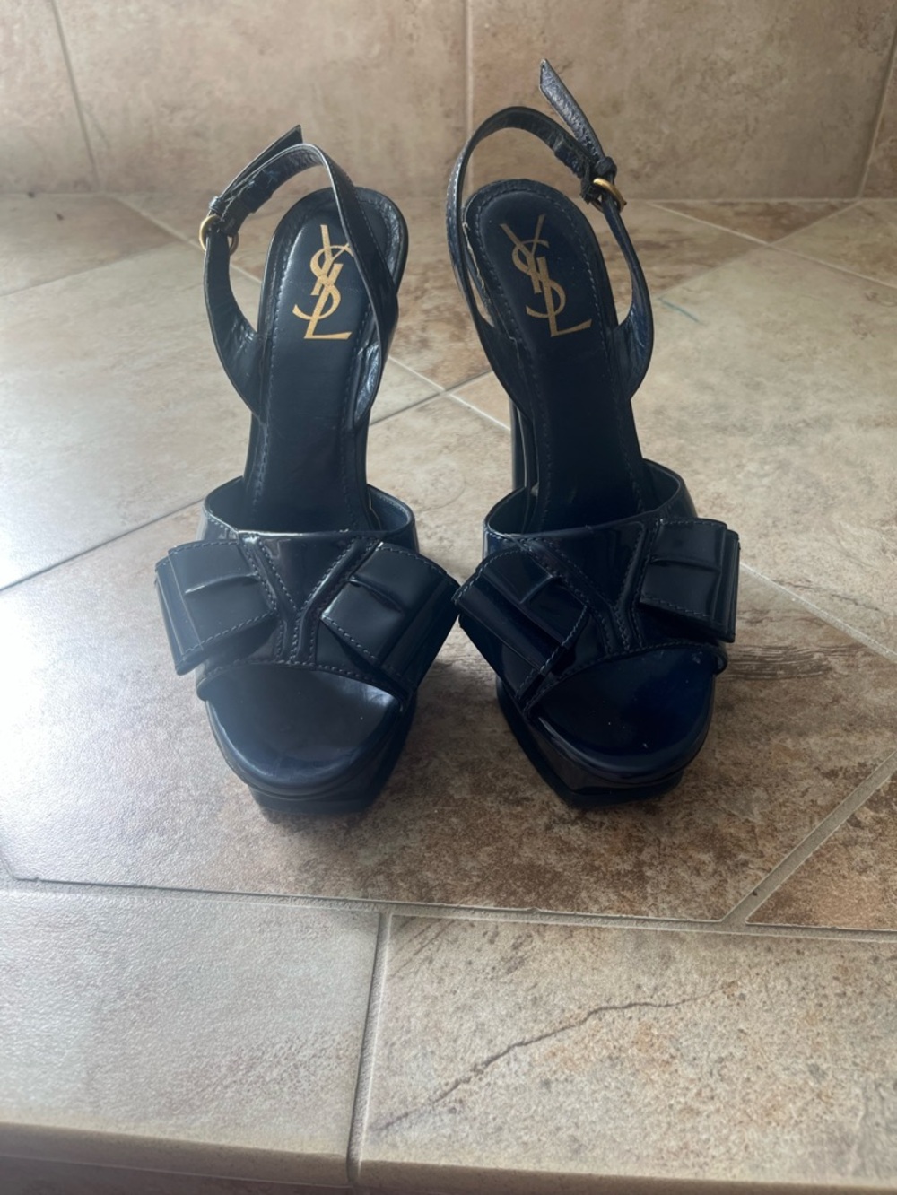 Yves Saint Laurent Navy Patent Leather Open-Toe Slingback Heels